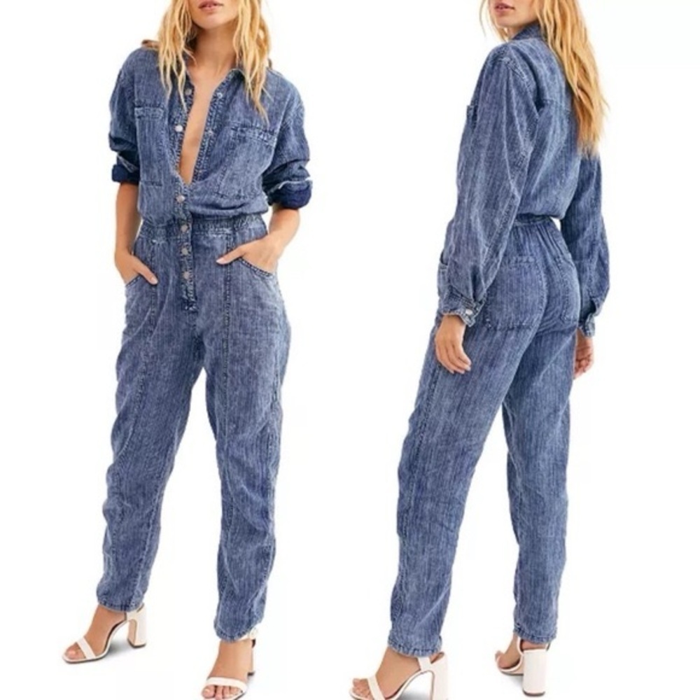 We the Free x Free People Ari Denim Jumpsuit Blue White Striped size Small